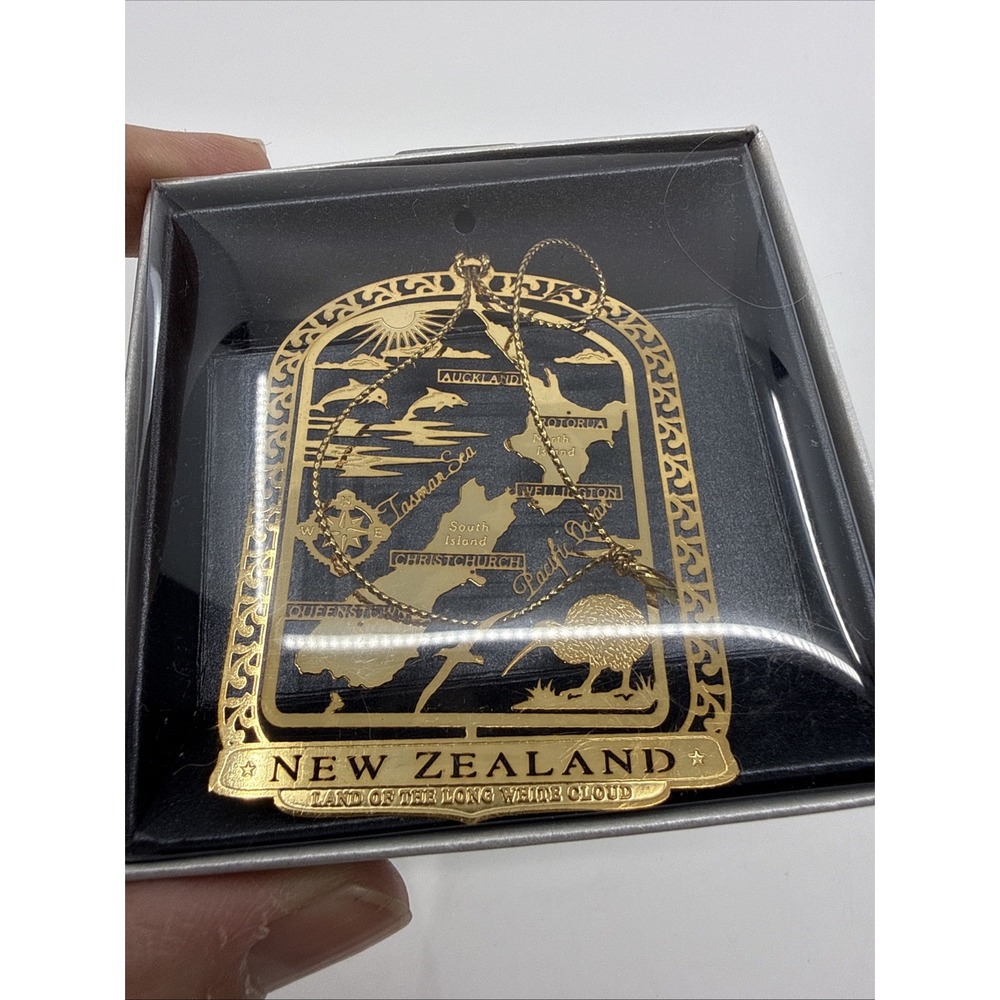 New Zealand Christmas Ornament Island Map 24K Gold Finish Brass In Box